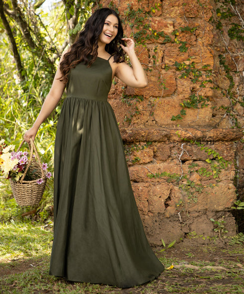 Green Halter Neck Linen Maxi